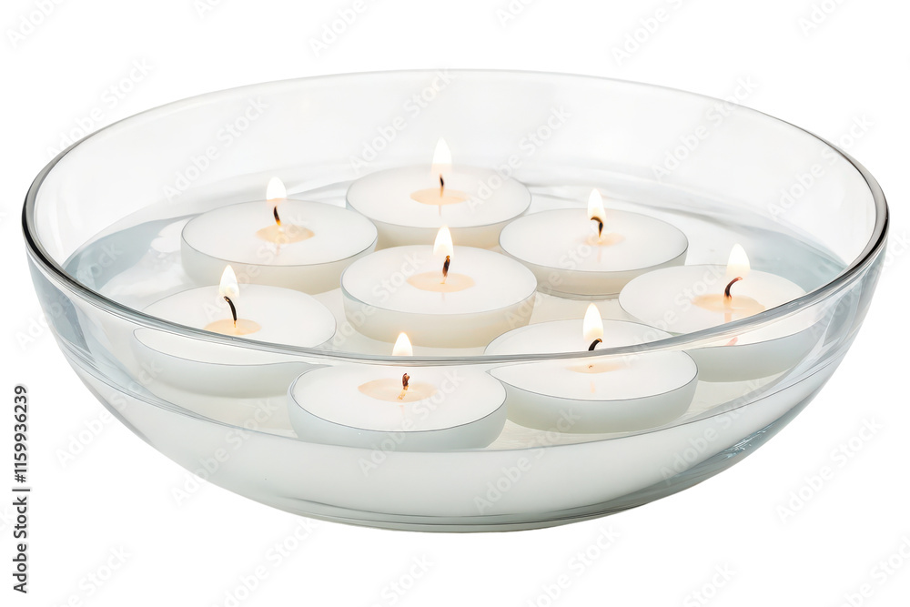 Floating candles in a glass bowl isolated with transparent background
