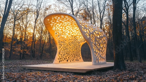 Fototapeta Naklejka Na Ścianę i Meble -  Illuminated organic 3D-printed pavilion in autumn forest at sunset.
