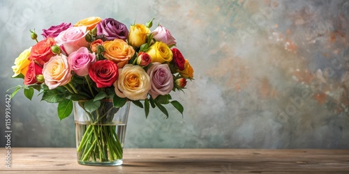 Wallpaper Mural A bunch of fresh roses in various colors are arranged in a decorative vase filled with greenery, creating a stunning centerpiece for any occasion , decoration, vases Torontodigital.ca