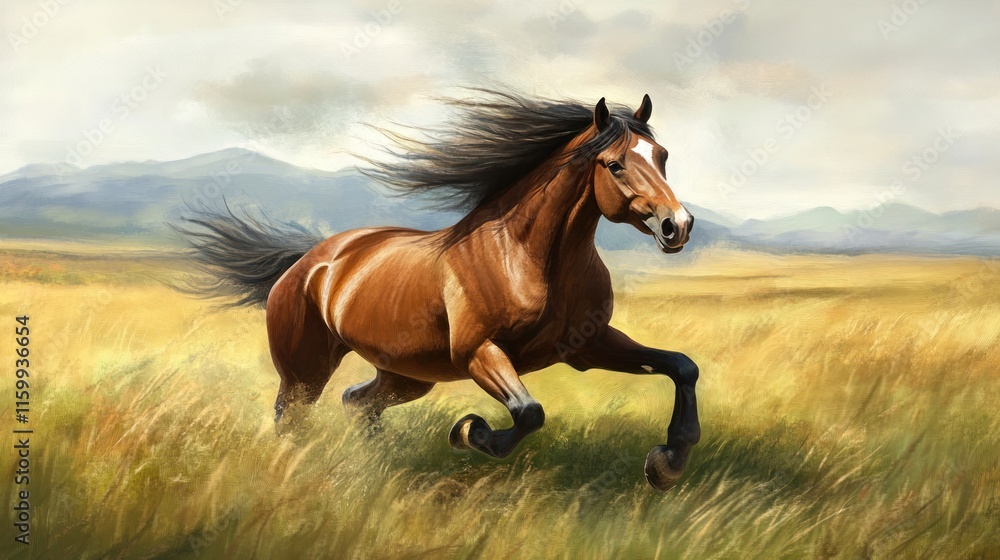 A majestic horse galloping through a lush, grassy landscape under a cloudy sky. A majestic horse galloping through a lush, grassy landscape under a cloudy sky.