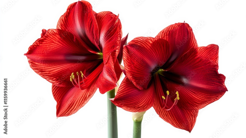 A detailed shot of a deep red amaryllis with its large, trumpet-shaped flowers and rich color, isolated white background A detailed shot of a deep red amaryllis with its large, trumpet-shaped flowers and rich color, isolated white background