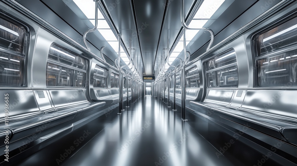 A modern subway interior showcasing sleek metal benches and bright overhead lighting. A modern subway interior showcasing sleek metal benches and bright overhead lighting.