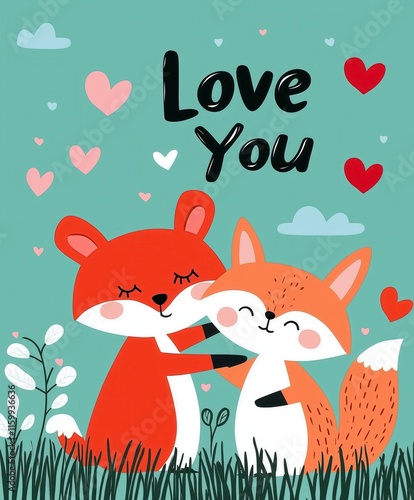 Playful fox and bear cuddling with 'Love You' text and whimsical hearts on green background photo