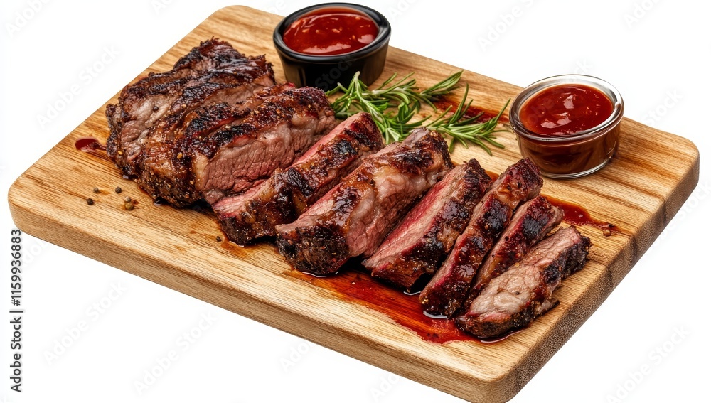 Sliced grilled beef steak on wooden board with BBQ sauce. Sliced grilled beef steak on wooden board with BBQ sauce.
