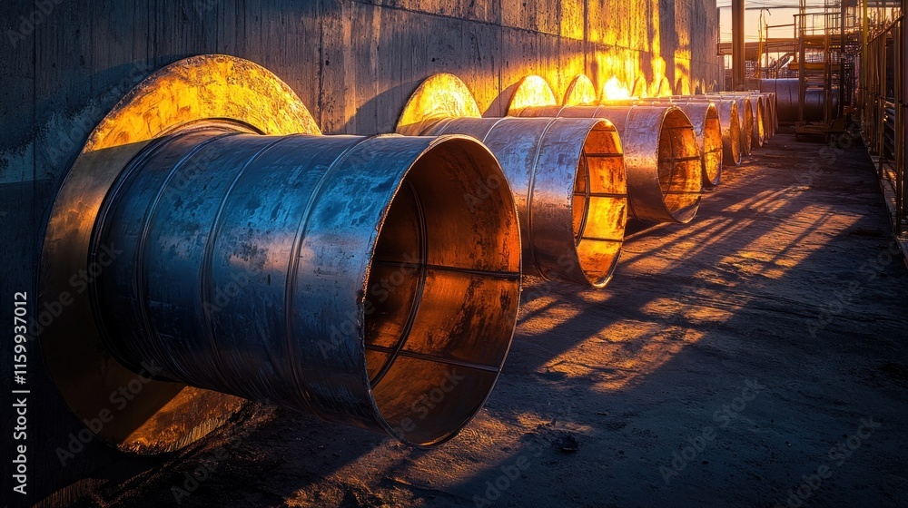 Industrial pipes illuminated by sunset glow. Industrial pipes illuminated by sunset glow.