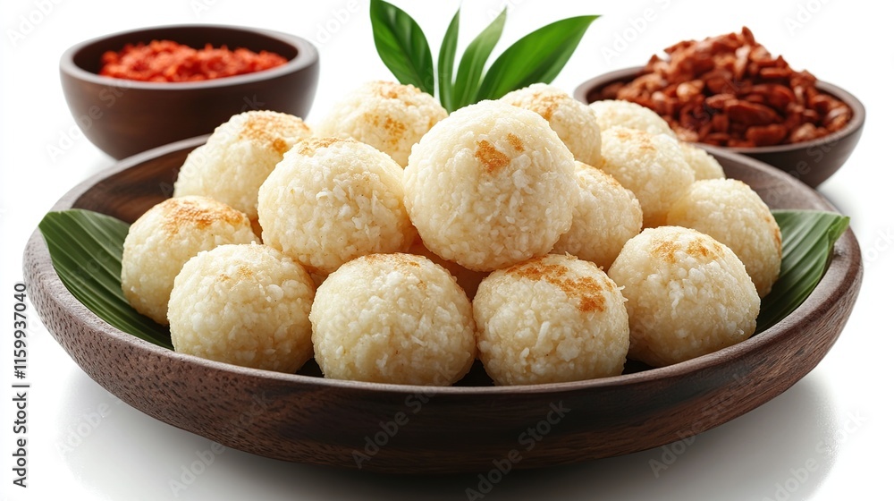 Delicious coconut rice balls served on a wooden plate with spices. Delicious coconut rice balls served on a wooden plate with spices.