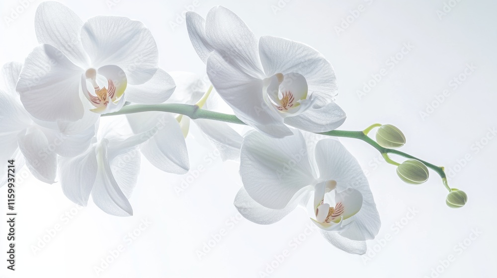 Obraz premium A detailed shot of a delicate white orchid with its intricate petals, isolated white background, minimalistic art style