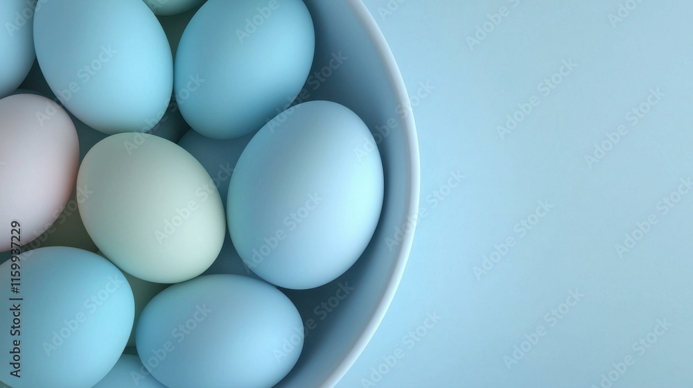 Decorative pastel Easter eggs arranged in blue bowl with copy space Decorative pastel Easter eggs arranged in blue bowl with copy space