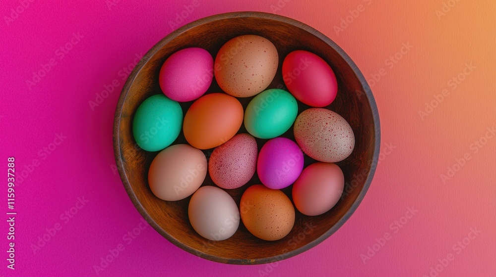 Colorful Easter eggs in wooden bowl on vibrant background Colorful Easter eggs in wooden bowl on vibrant background