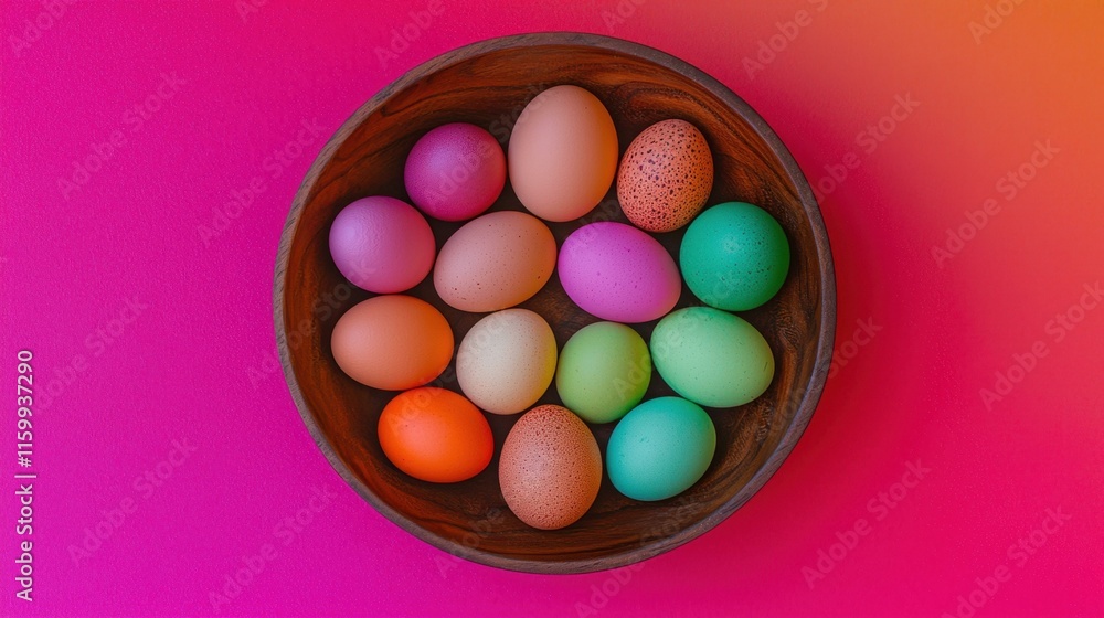 Colorful Easter eggs arranged in wooden bowl on vibrant background Colorful Easter eggs arranged in wooden bowl on vibrant background