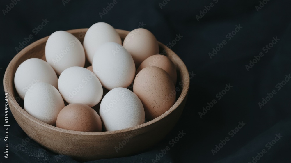 Brown and white eggs in wooden bowl on dark background Brown and white eggs in wooden bowl on dark background