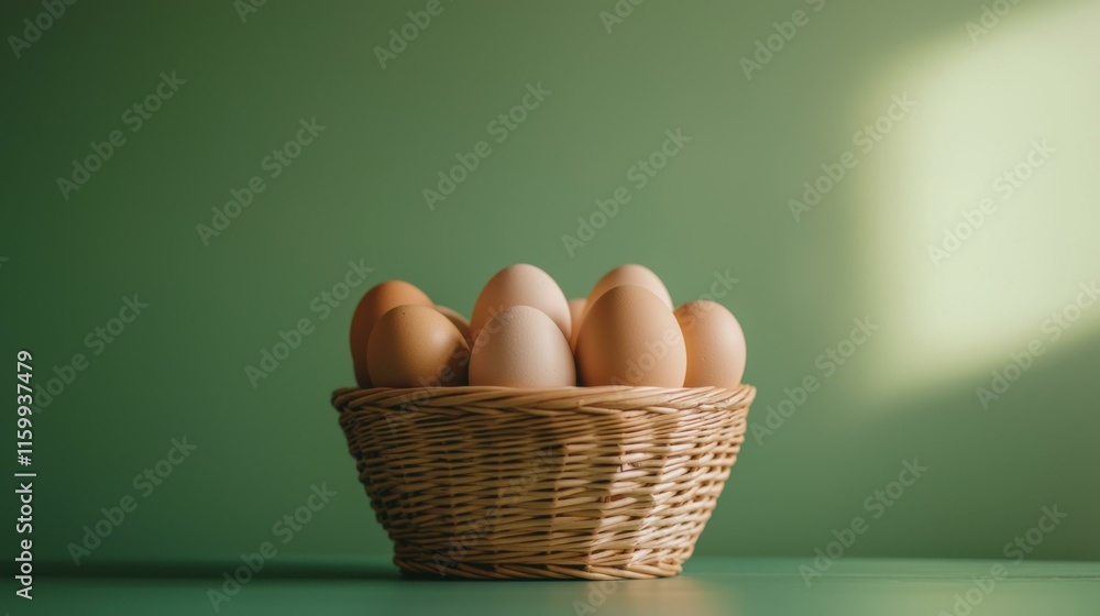 Brown eggs nestled in wicker basket on green background Brown eggs nestled in wicker basket on green background