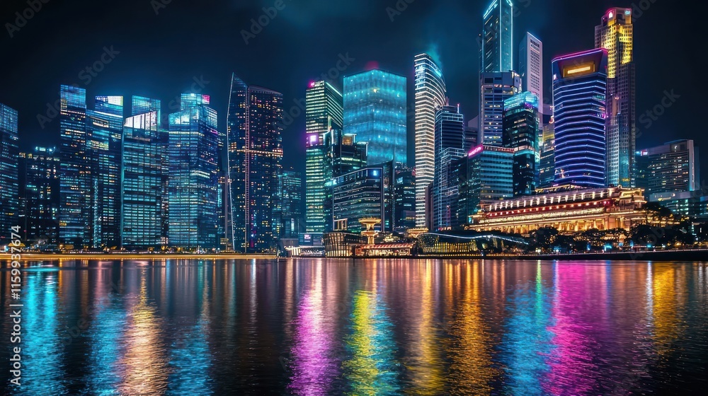 Fototapeta premium Vibrant cityscape at night, reflected in water.