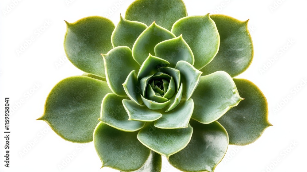 Fototapeta premium A detailed shot of a green succulent plant with its symmetrical rosette formation, isolated white background, minimalistic art style