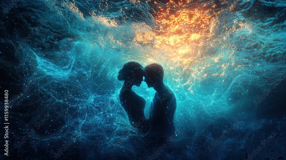 Fototapeta premium Underwater couple embracing, romantic silhouette.