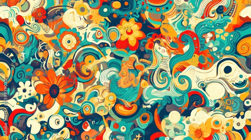 Fototapeta premium Colorful abstract swirl pattern with floral elements.