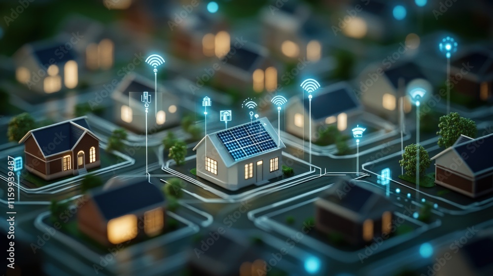 Innovative Smart Home Technology Concept with Solar Panels Surrounded by Network Connections in a Lively Neighborhood Landscape at Night Innovative Smart Home Technology Concept with Solar Panels Surrounded by Network Connections in a Lively Neighborhood Landscape at Night