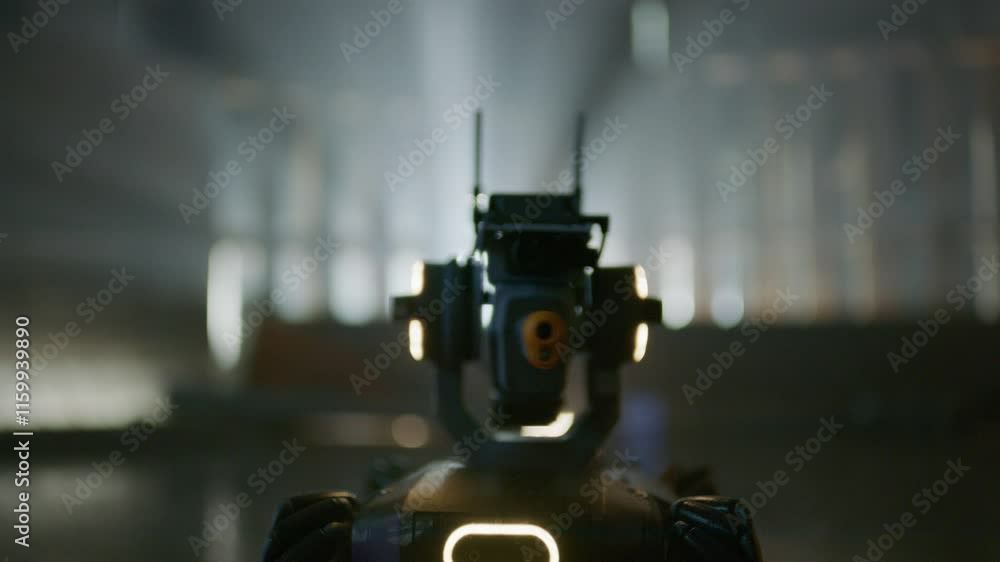 Epic reveal of silhouetted robot head shooting lasers - close up Epic reveal of silhouetted robot head shooting lasers - close up
