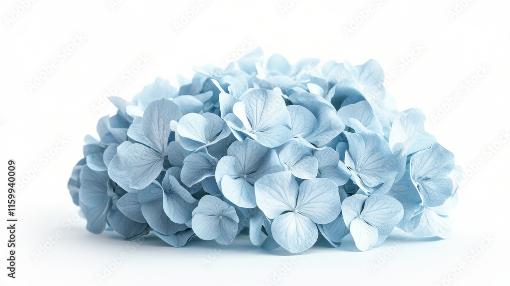 Fototapeta premium A detailed shot of a soft blue hydrangea with its large, rounded clusters of delicate blooms and subtle color, isolated white background