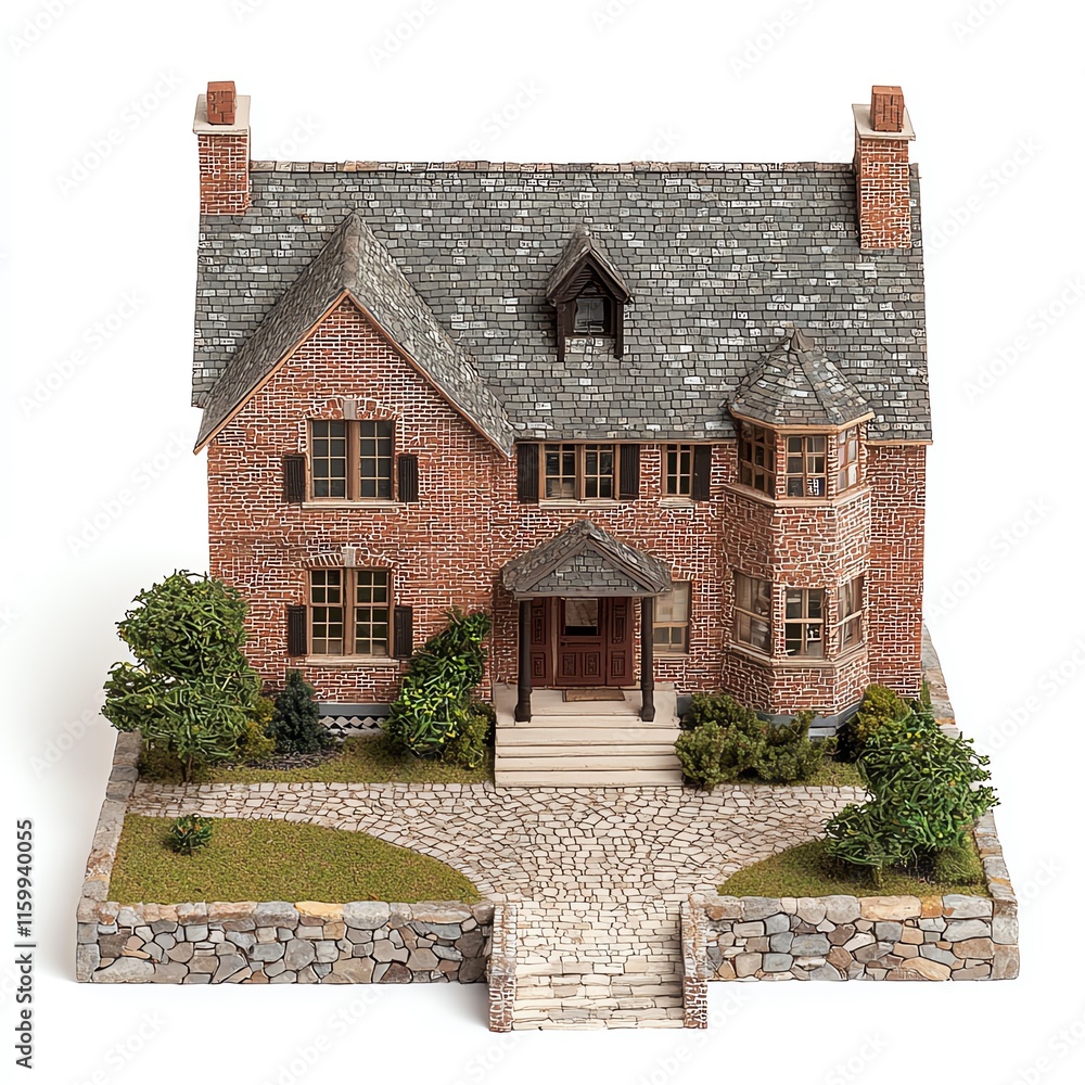 Detailed miniature model of a classic brick house with landscaping, showcasing intricate design and craftsmanship. Detailed miniature model of a classic brick house with landscaping, showcasing intricate design and craftsmanship.