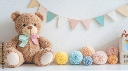 Baby shower design layout featuring children s toys including a teddy bear and framed on a light wall background photo