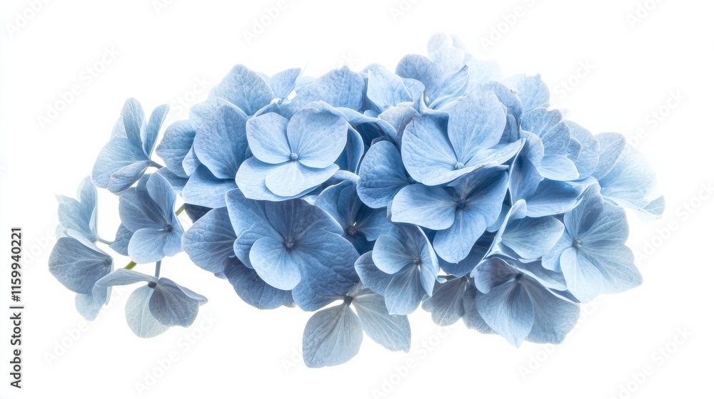 A detailed shot of a soft blue hydrangea with its rounded, compact blooms and gentle color, isolated white background A detailed shot of a soft blue hydrangea with its rounded, compact blooms and gentle color, isolated white background