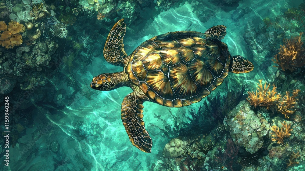 Obraz premium Sea turtle swimming in vibrant coral reef.