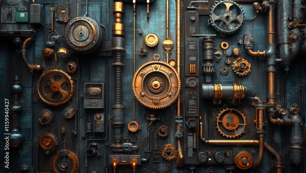 Steampunk-style collage of gears, pipes, and mechanical parts on a dark blue background. Steampunk-style collage of gears, pipes, and mechanical parts on a dark blue background.
