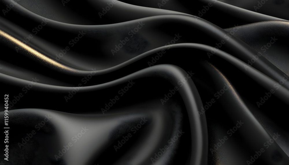Obraz premium Luxurious black silk fabric with subtle gold highlights, elegantly draped and flowing. Perfect for fashion, beauty, or luxury product backgrounds.