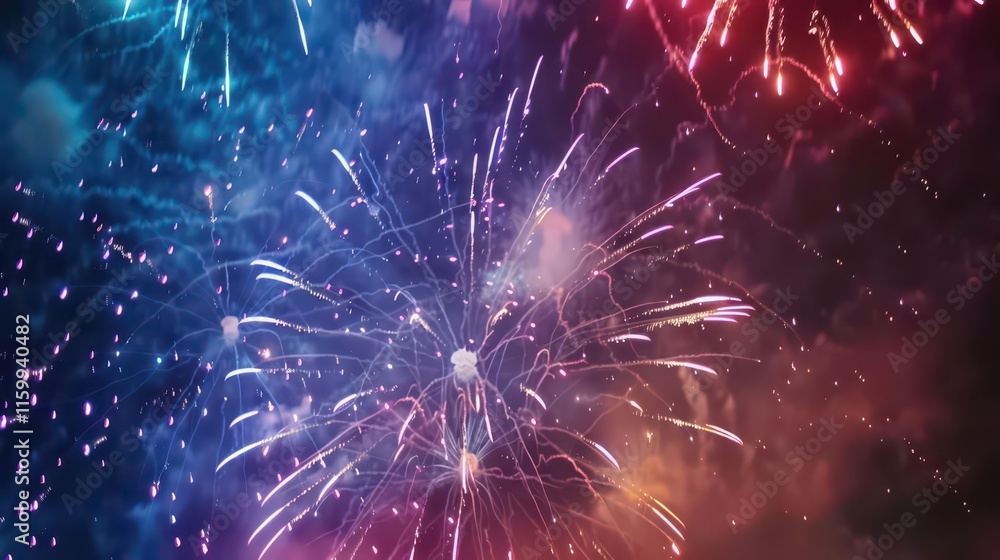 Fototapeta premium Cosmic Celebration. A mesmerizing display of purple fireworks illuminating the midnight sky