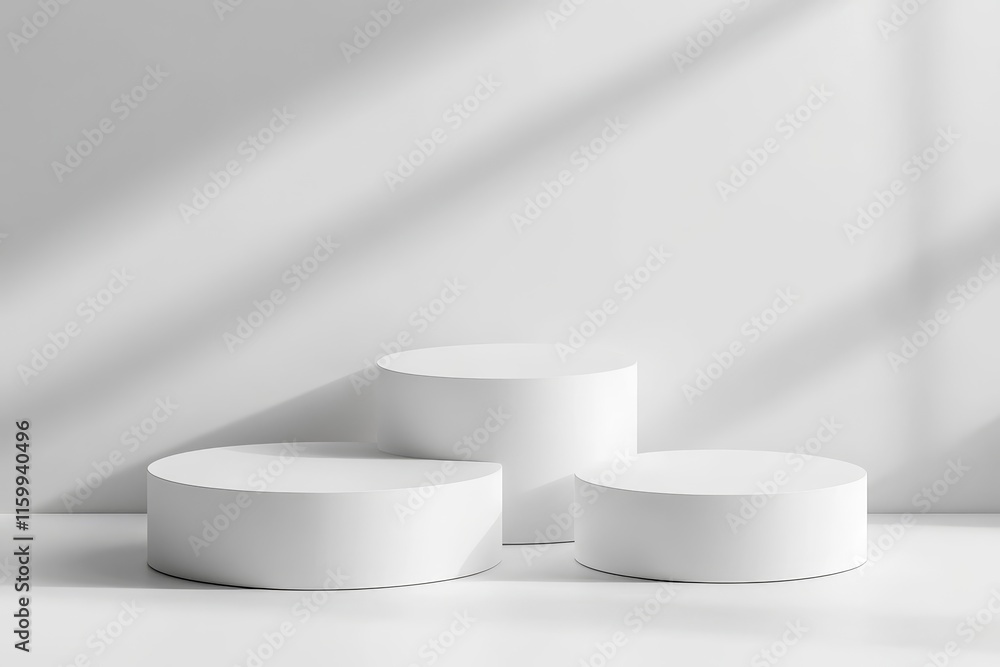 Three white cylindrical podiums on a white background with sunlight shadows. Three white cylindrical podiums on a white background with sunlight shadows.