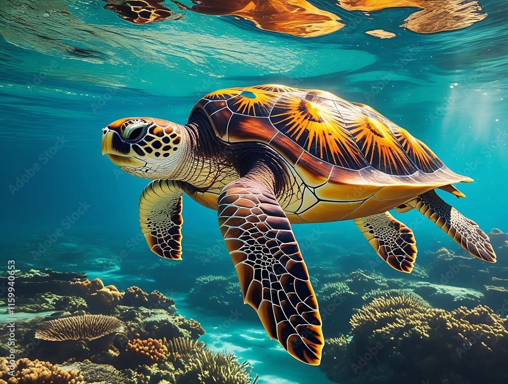 Obraz premium Stunning Sea Turtle Swimming Gracefully in Vibrant Coral Reef Waters: Explore Marine Life Beauty, Ocean Conservation, and Underwater Photography of Exotic Tropical Wildlife in Crystal Clear Seas
