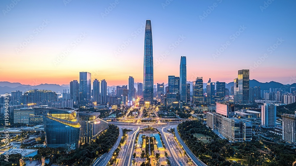 Obraz premium Stunning sunrise cityscape panorama with skyscrapers and highways.