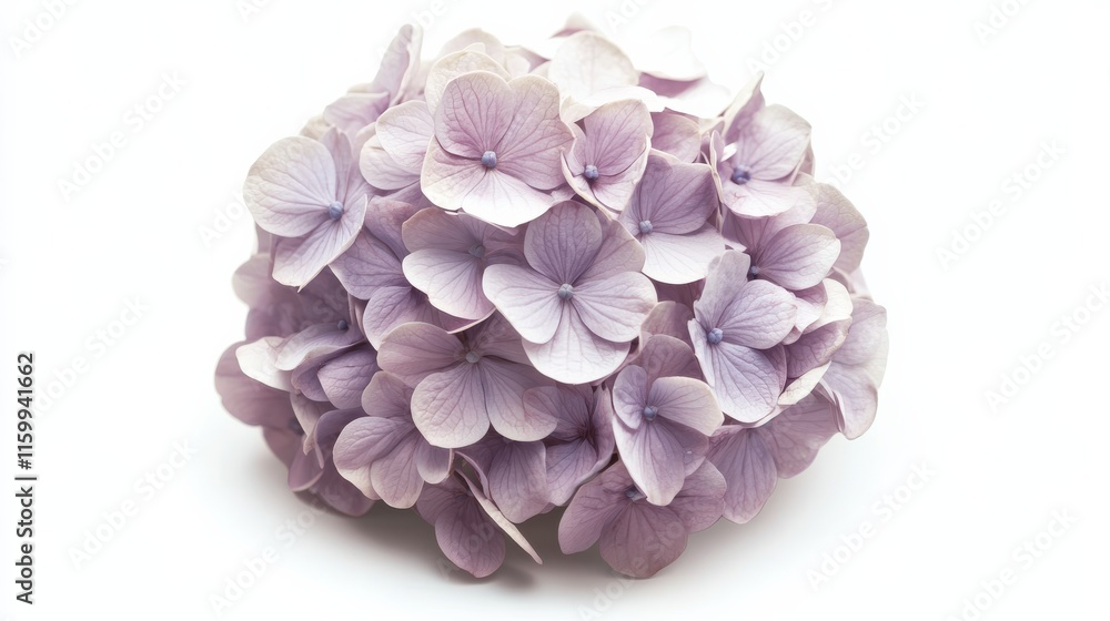 Obraz premium A detailed shot of a soft lavender hydrangea with its rounded, clustered blooms and muted color, isolated white background