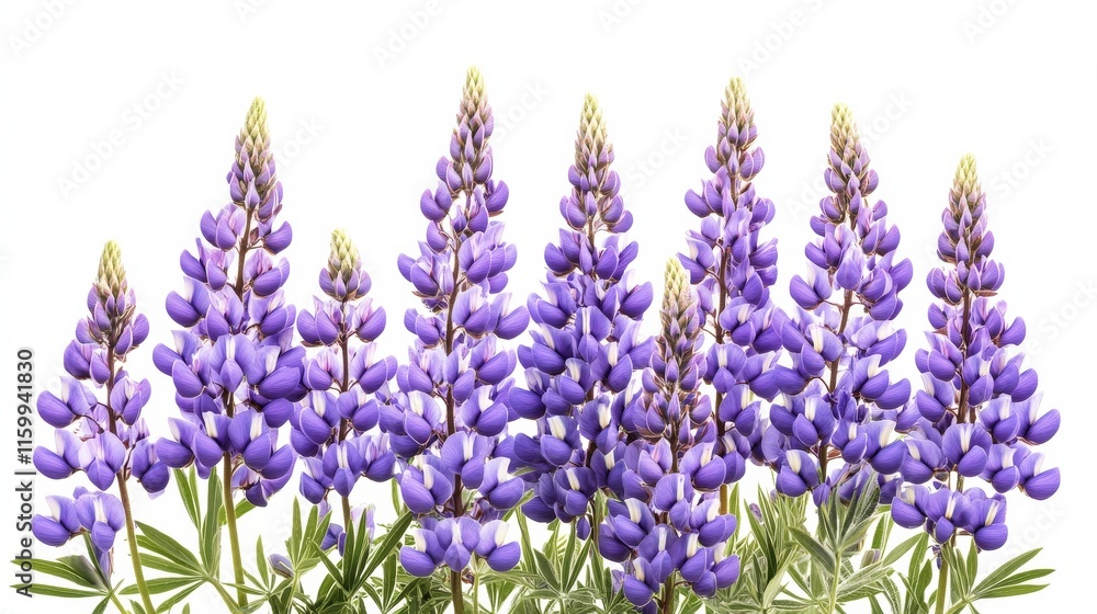 Obraz premium A detailed shot of a soft lavender lupine with its tall, spiky clusters of flowers, isolated white background