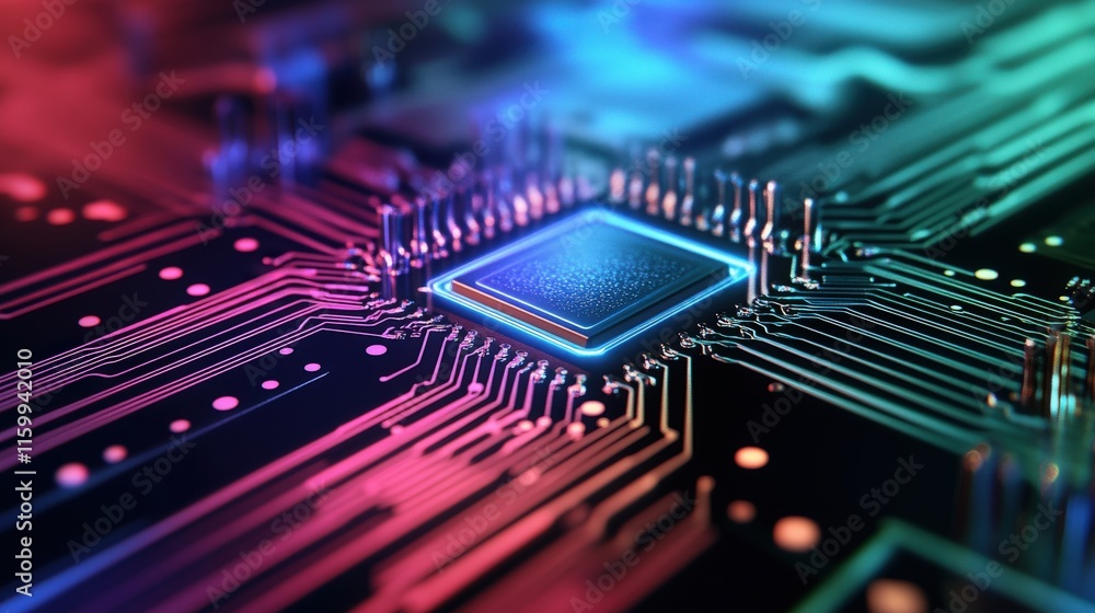 Abstract Close-up of a Colorful Microchip on a Circuit Board with Neon Lights and Electronic Components Displaying Modern Technology and Innovation Abstract Close-up of a Colorful Microchip on a Circuit Board with Neon Lights and Electronic Components Displaying Modern Technology and Innovation