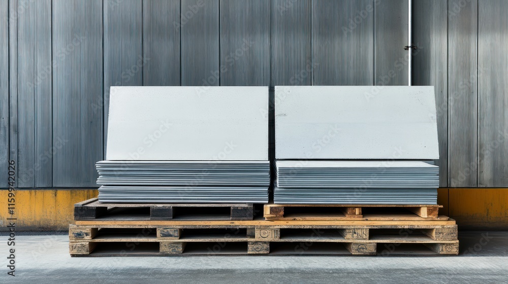 Stacked sheets on wooden pallets in a warehouse. Stacked sheets on wooden pallets in a warehouse.