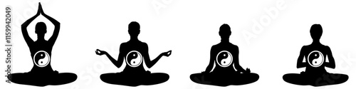 silhouette of women yoga meditation, sitting pose. relax or recreation with yin yang symbol of Balance and harmony or meditation, healthy lifestyle. Vector illustration