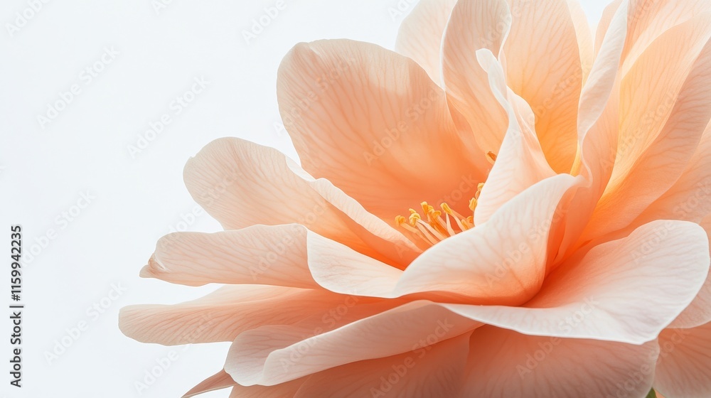 A detailed shot of a soft peach camellia with its delicate, layered petals and warm color, isolated white background A detailed shot of a soft peach camellia with its delicate, layered petals and warm color, isolated white background