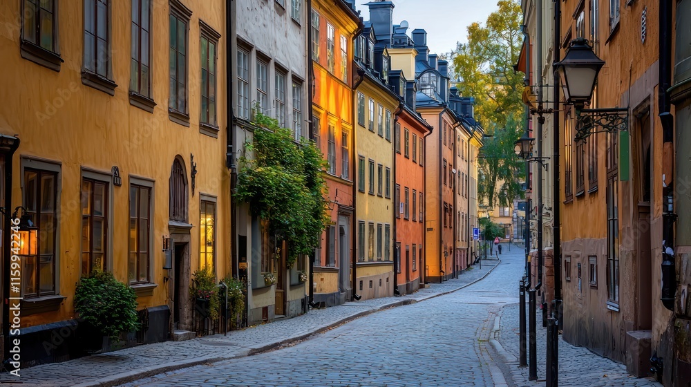 Fototapeta premium Charming cobblestone street with colorful buildings in old town.