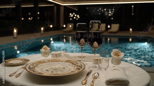 Romantic dinner by indoor pool, elegant table setting with wine glasses.
