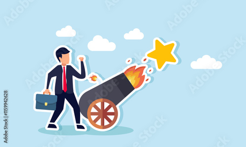 Businessman standing next to a cannon launching stars, illustration of efforts to improve business quality and performance