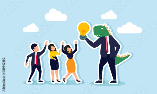 Several entrepreneurs competing for a lamp held by a monster-like businessman, illustration of vying for ideas and innovations from underestimated business partners