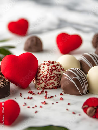 Valentines Day Chocolate Truffles with Red Heart Decoration on Marble : Generative AI