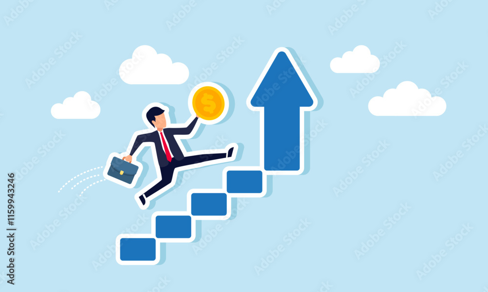 Businessman carrying a dollar coin running up ascending stairs, illustration of progress in boosting income, profit, and revenue Businessman carrying a dollar coin running up ascending stairs, illustration of progress in boosting income, profit, and revenue