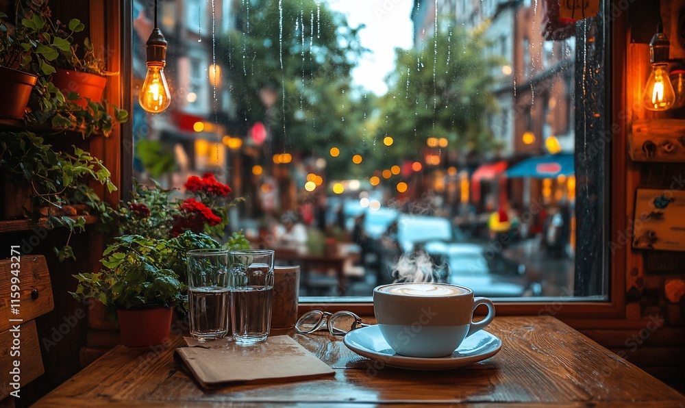 Fototapeta premium Cozy cafe scene with steaming cappuccino, rain, city view.