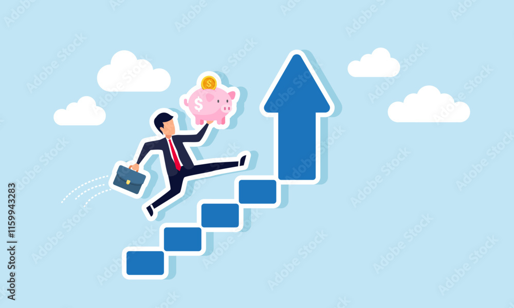 Businessman carrying a piggy bank running up ascending stairs, illustration of progress in increasing the amount of investment assets Businessman carrying a piggy bank running up ascending stairs, illustration of progress in increasing the amount of investment assets