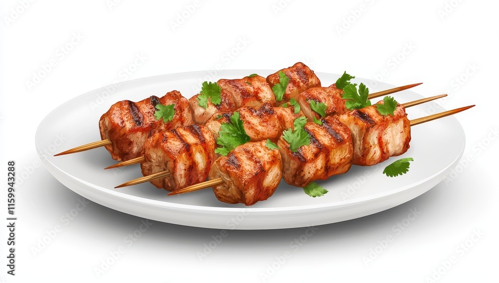 Grilled chicken skewers with cilantro on a white plate. Grilled chicken skewers with cilantro on a white plate.