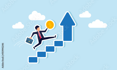 Businessman carrying a dollar coin running up ascending stairs, illustration of progress in boosting income, profit, and revenue