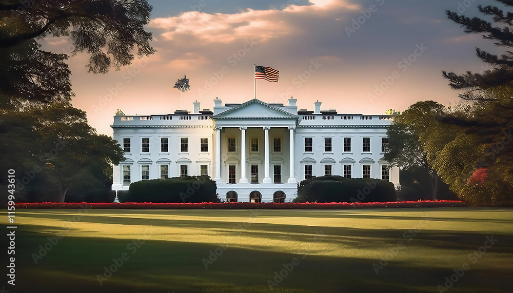 Obraz premium american white house realstic image with flag and beautiful sky